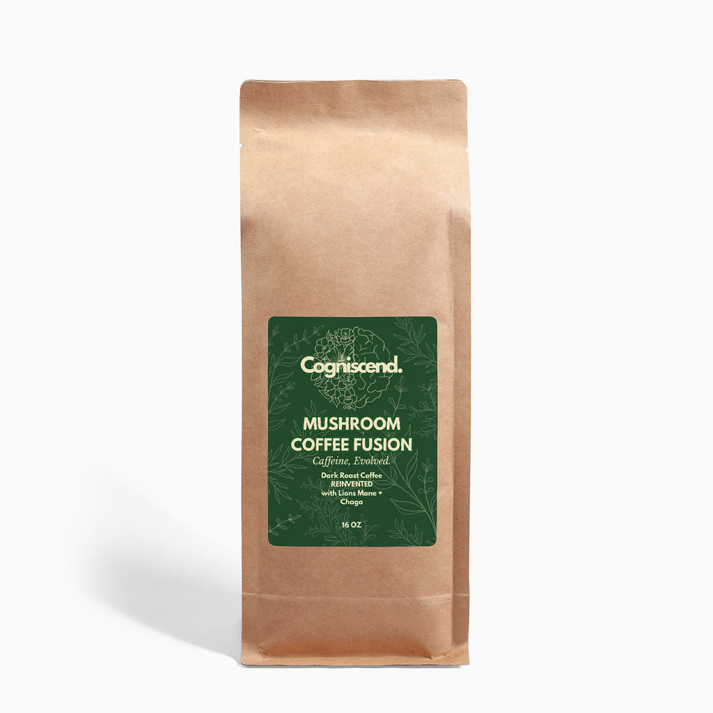 Kraft paper coffee bag with a green label on a white background