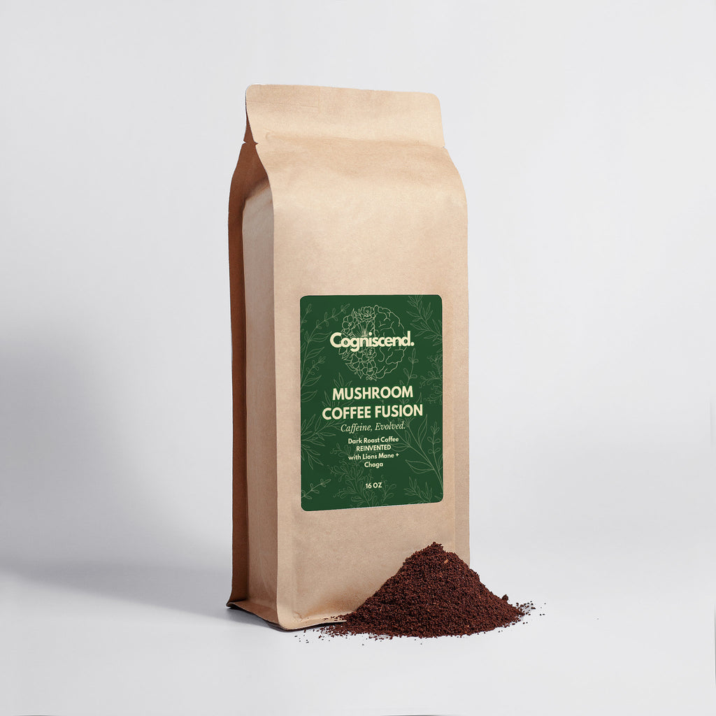 Bag of Cogniscend Mushroom Coffee Fusion with green label on a white background