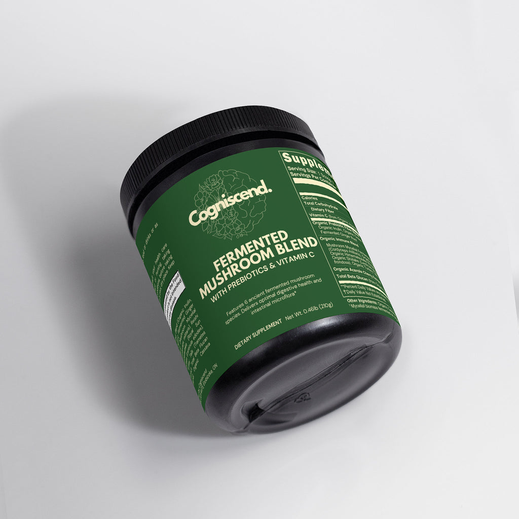 Cogniscend Fermented Mushroom Blend with prebiotics and vitamin c. Green supplement container with black lid on a light gray background