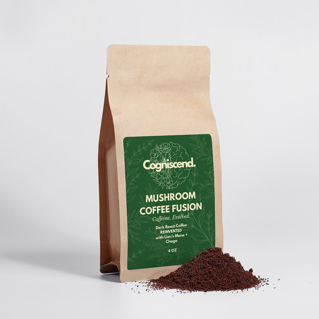 Bag of Cogniscend Mushroom Coffee Fusion 4oz with ground coffee on a light gray background